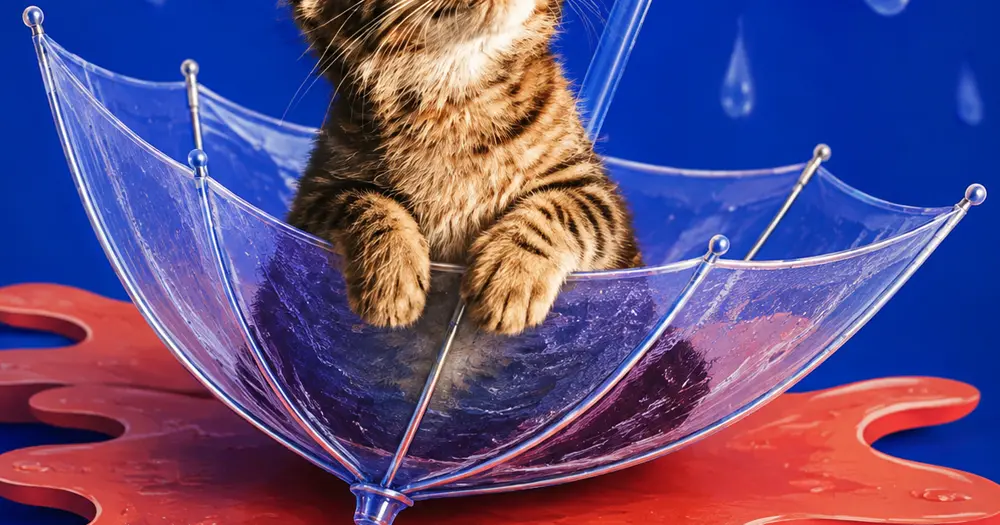 The umbrella inverted, with both paws on the rim
